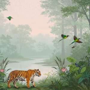 An ethereal landscape of West Bengal's lush forests, teeming with diverse wildlife. In the foreground, a majestic Bengal tiger strides gracefully through the dense foliage, its rich orange and black stripes vivid against the verdant greens. Above, colorful birds such as the Indian roller and the vibrant green bee-eater flutter amidst the canopy. A tranquil river meanders through the scene, reflecting the soft pastel hues of the early morning sky. The entire image is infused with a serene glow, incorporating intricate patterns reminiscent of Madhubani art, with delicate motifs of lotus flowers and mandalas subtly woven into the foliage. The atmosphere is one of harmony and natural splendor, capturing the essence of West Bengal's protected areas in 2025.