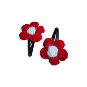Handmade Woollen Hair Clip - Hair Clip - Women Hair Accessories - Red Colour Mini Flower Clip - Beautifull Girls Hair Clip - Set of 2