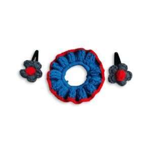 Handmade Woollen Hair Band With Hair Clip - Women And Girls Hair Band With Hair Clip - Crochet Hair Scrunchies - Gray And Blue Colour Hair Accessories