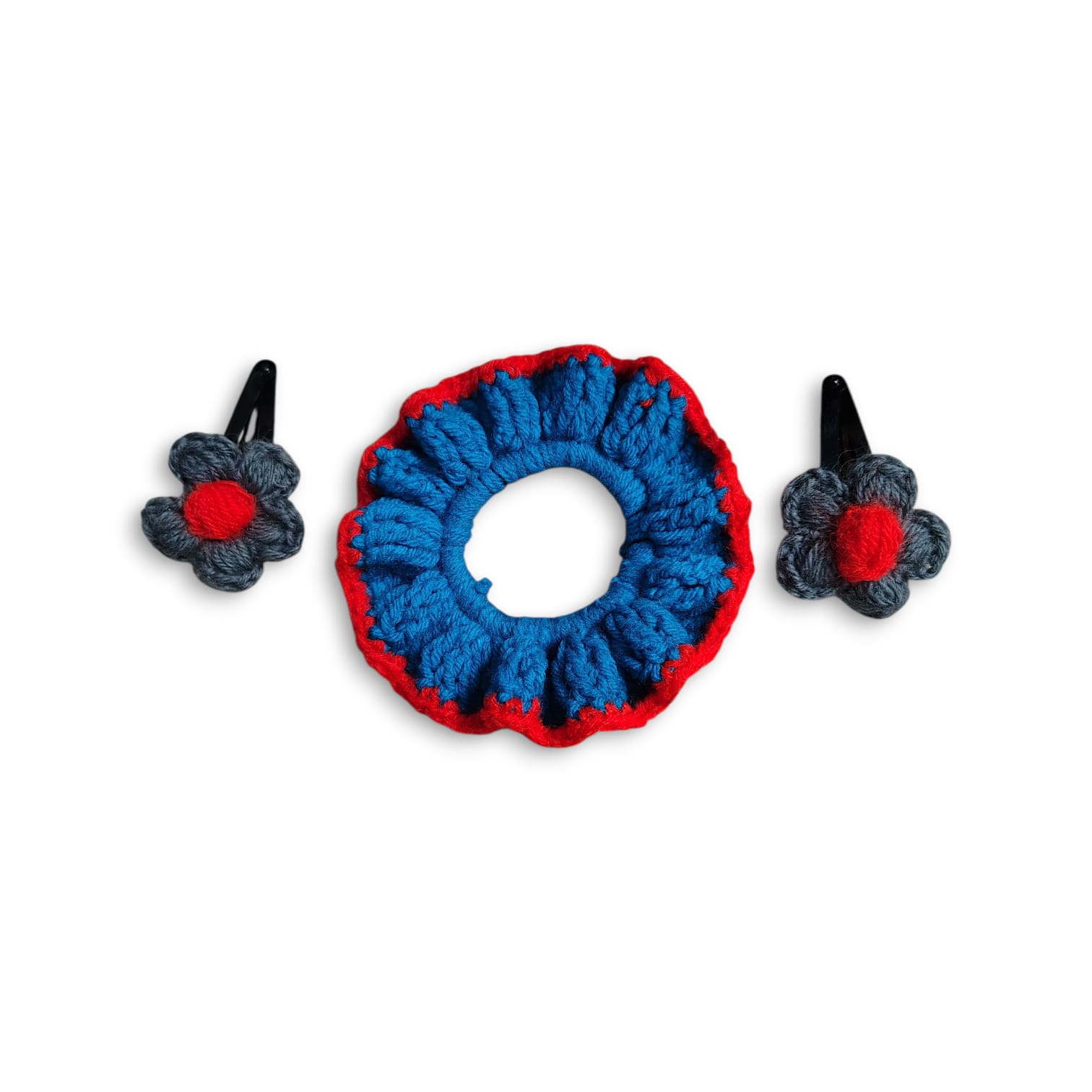 Handmade Woollen Hair Band With Hair Clip - Women And Girls Hair Band With Hair Clip - Crochet Hair Scrunchies - Gray And Blue Colour Hair Accessories