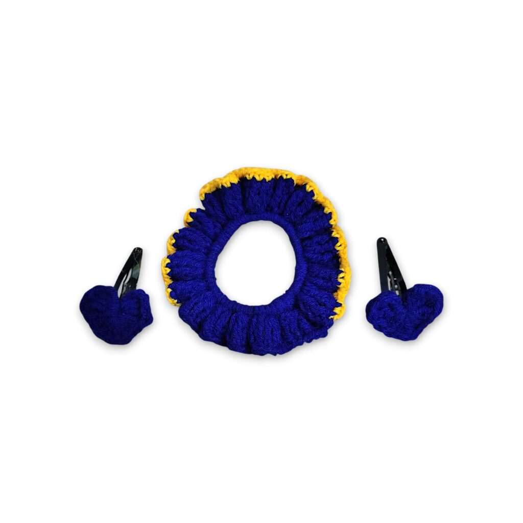 Handmade Woollen Hair Band With Hair Clip - Women And Girls Hair Band With Hair Clip - Crochet Hair Scrunchies - Blue Colour Hair Accessories