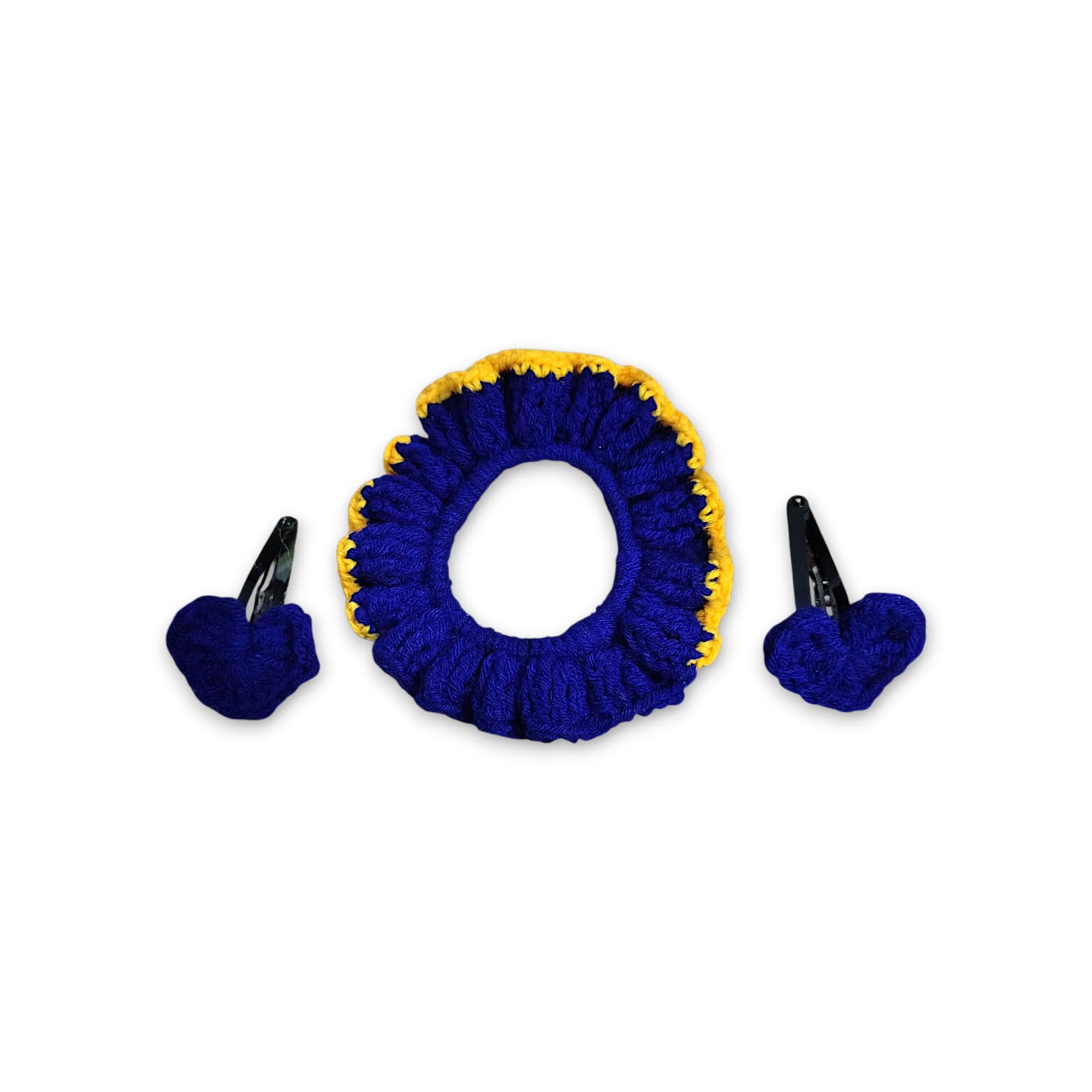 Handmade Woollen Hair Band With Hair Clip - Women And Girls Hair Band With Hair Clip - Crochet Hair Scrunchies - Blue Colour Hair Accessories