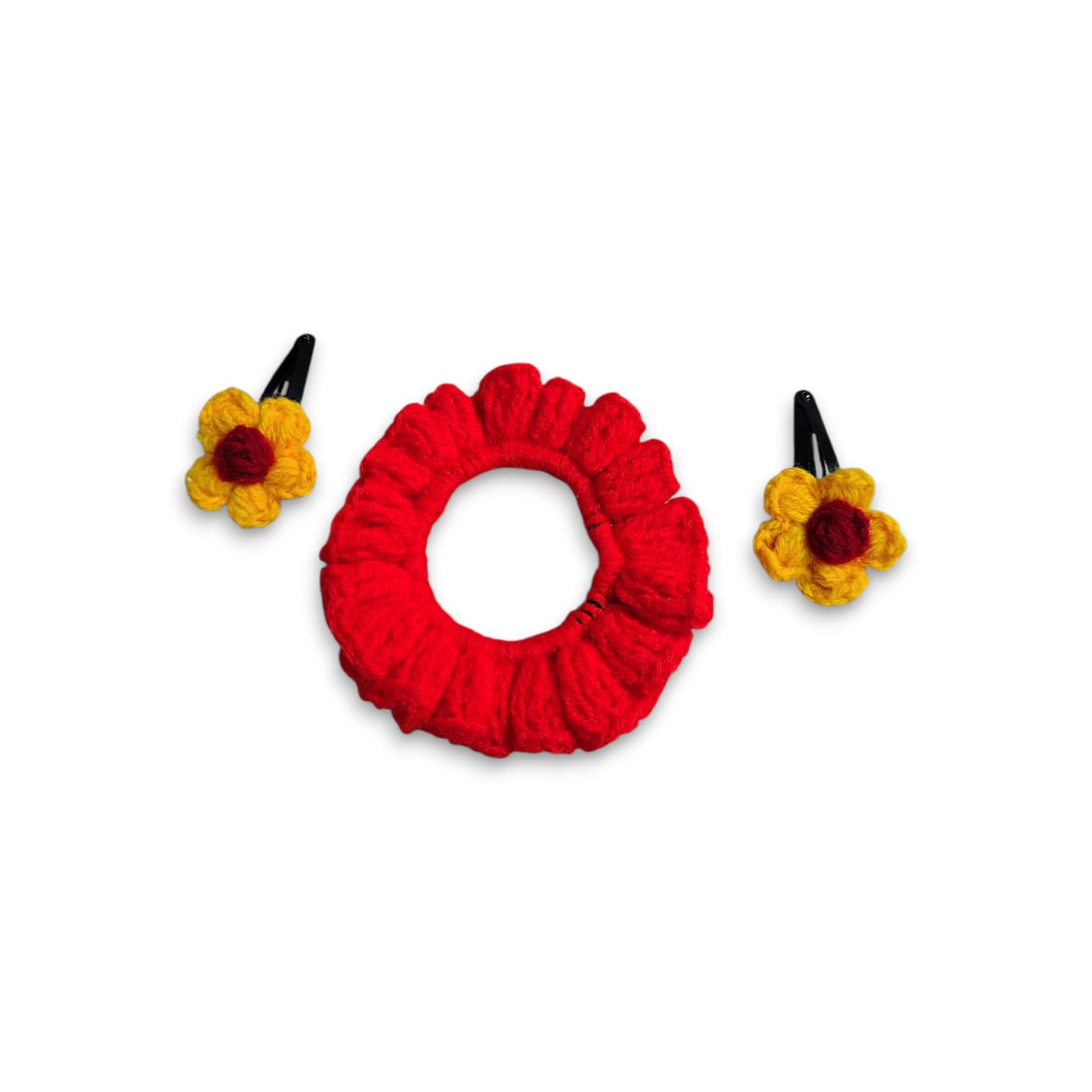 Handmade Woollen Hair Band With Hair Clip - Women And Girls Hair Band With Hair Clip - Crochet Hair Scrunchies - Red Colour Hair Accessories