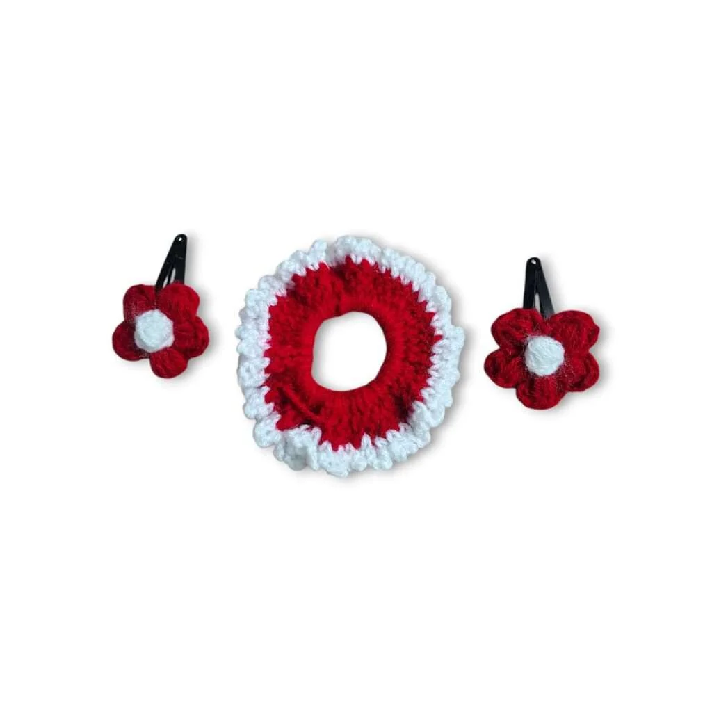 Handmade Woollen Hair Band With Hair Clip - Women And Girls Hair Band With Hair Clip - Crochet Hair Scrunchies - Maroon Colour Hair Accessories