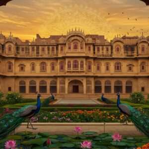 A majestic depiction of Alwar's historical grandeur: an ancient Rajasthani palace with intricate carvings and traditional Jharokhas, bathed in the golden hues of a setting sun. Peacocks gracefully roam the foreground, their feathers reflecting deep blues and greens. The scene is framed by lush gardens with blooming marigolds and lotuses. In the sky, a large, intricate mandala subtly glows, hinting at Alwar's rich cultural heritage. The art style merges traditional Indian art with modern digital aesthetics, using rich colors like maroon and peacock blue, conveying a sense of historical depth and elegance.