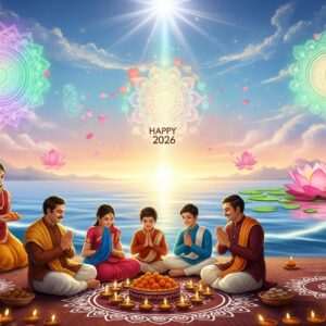 An ethereal scene depicting a grand tapestry of the major Hindu festivals celebrated in 2026. In the foreground, a serene Indian family, dressed in vibrant traditional attire (saffron, maroon, peacock blue), is engaged in a joyous celebration around a beautifully adorned altar with intricate patterns and glowing lamps. In the background, an expansive, surreal landscape featuring elements of the festivals: a divine mandala with softly glowing pastel colors symbolizing harmony, a large, radiant lotus flower representing purity, and gentle waves reflecting warm gold light for tranquility. The sky is illuminated with a spiritual aura, showcasing soft blue and pale pink hues. The entire scene is filled with cultural motifs such as peacocks and lotus petals gently floating through the air. The atmosphere exudes a sense of spirituality, unity, and reverence, drawing the viewer into the rich tapestry of Hindu traditions. The art style merges traditional Indian aesthetics with a modern digital touch, creating a captivating and harmonious visual experience.