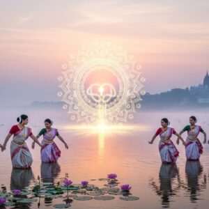 A serene landscape showcasing Assam's spiritual richness, featuring a tranquil Brahmaputra River at sunrise, enveloped in soft, pastel hues of pink and blue. In the foreground, a group of Indian women in traditional Assamese attire (mekhela chador) are gracefully performing an ancient dance, with intricate gold jewelry and stylized bihu motifs visible. Their expressions are peaceful, embodying the spiritual essence of the land. Nearby, a glowing mandala emerges from the river's mist, symbolizing spiritual awakening. The background includes a majestic Kamakhya Temple, partially shrouded in ethereal mist, with delicate lotus flowers floating on the water. The art style is hyperrealistic yet dreamlike, with a touch of digital innovation, capturing the harmonious blend of heritage and modern aesthetics. The overall atmosphere radiates tranquility and cultural depth, inviting viewers to explore Assam's spiritual offerings.