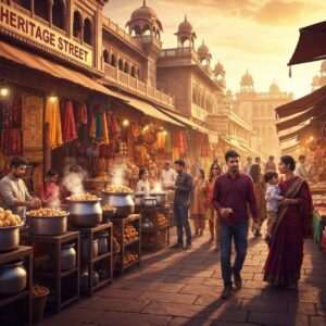 A vibrant, bustling scene of Amritsar's Heritage Street with lively market stalls showcasing an array of colorful, traditional Indian textiles and handicrafts. Indian street food vendors with steaming pots and aromatic spices fill the air, offering delicacies like golgappas and jalebis. The street is alive with diverse people—families, tourists, and locals—immersed in the cultural experience. Historic architecture in the background, with intricate carvings and traditional motifs, adds to the cultural richness. The scene is bathed in the warm, golden glow of the setting sun, enhancing the deep colors of saffron and maroon, creating a dreamy, yet realistic portrayal of this cultural hub. The style is hyperrealistic with a modern digital aesthetic, evoking a sense of adventure and cultural appreciation.