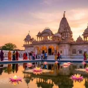 In the heart of Rajasthan, an ethereal scene unfolds with the magnificent Khatu Shyam Ji Mandir, bathed in the warm, golden glow of a setting sun. The temple's intricate architecture, adorned with colorful patterns and motifs, reflects the rich heritage of traditional Indian art forms. A serene atmosphere envelops the temple grounds, where a gentle breeze carries the scent of incense and marigold flowers. Devotees, dressed in vibrant traditional attire, gather with reverence, their silhouettes softly illuminated by the temple's glowing lights. In the foreground, a tranquil water surface mirrors the temple's splendor, surrounded by stylized lotus flowers and softly glowing mandalas. The sky is painted in pastel hues of pink and blue, adding to the surreal and spiritual ambiance. This digital illustration captures the essence of spirituality and devotion, inviting viewers to embark on a peaceful journey to Khatu Shyam Ji Mandir.
