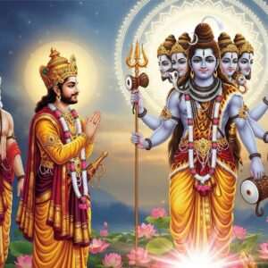 Bappa Rawal, a noble Indian king in regal attire with a jeweled crown, stands in reverence before the majestic deity Eklingji, depicted as a multi-headed, four-armed Shiva with a trident in one hand and a damaru in another. The serene Harit Rishi, with a sage-like appearance, stands beside Bappa Rawal, his face radiating wisdom and tranquility. They are surrounded by an ethereal landscape featuring glowing lotus flowers and a softly illuminated mandala backdrop. The scene is imbued with rich hues of saffron, maroon, and gold, blending traditional Indian art forms with a modern digital aesthetic. Soft light emanates from the deities, casting a surreal and spiritual glow over the entire scene, inviting the viewer into the divine narrative.