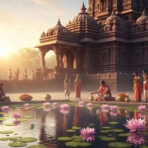 An ethereal, hyperrealistic depiction of a serene Brahma temple scene at dawn. The temple is adorned with intricate carvings and motifs that merge traditional Indian art styles like Madhubani and Pattachitra, enhanced with modern digital aesthetics. Rich, deep colors of maroon, saffron, and gold highlight the temple's grandeur. In the foreground, a serene pond reflects the soft glow of the rising sun, surrounded by lotus flowers and gentle ripples in the water. Devotees in traditional Indian attire perform morning rituals with offerings, their faces glowing with devotion. A soft, pastel-colored sky with warm golden hues casts a tranquil aura over the scene. The focus is on the spirituality and harmony of the moment, evoking a sense of mindfulness and reverence.