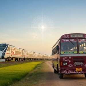 A serene depiction of a tranquil Indian landscape, with a sleek, modern train gently curving through lush green fields under a pastel sky tinged with soft blue and warm gold hues. In the foreground, a traditional Indian bus with intricate cultural motifs like lotus flowers and mandalas, painted in rich colors such as maroon and peacock blue, stands poised on a dusty road. A glowing mandala floats subtly in the sky, casting a gentle light over the scene. The atmosphere is calm and inviting, with a sense of mindfulness and peaceful travel. The art style merges traditional Indian aesthetics with a modern digital feel, creating an ethereal and surreal image that captures the essence of a mindful journey to Haldia.