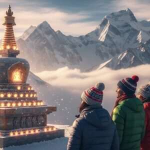 A majestic high-altitude Himalayan landscape with a serene, ethereal atmosphere. The scene captures the breathtaking view from Nathula Pass, featuring snow-capped peaks, swirling mist, and a vibrant sky with soft pastel hues of pink and blue. In the foreground, an intricately carved stone stupa adorned with glowing lotus motifs stands as a spiritual beacon. Indian travelers, dressed in modern, colorful winter attire, are seen reverently observing the sacred site, their expressions of awe and tranquility beautifully captured. The sunlight casts a warm, golden glow over the entire scene, enhancing the surreal and spiritual ambiance. The art style is hyperrealistic with a touch of fantasy, blending traditional cultural elements with modern digital aesthetics.