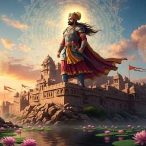 A majestic, hyperrealistic scene depicting Bappa Rawal, the legendary 8th-century ruler of Mewar, clad in intricately detailed Rajput armor, standing tall and regal atop a craggy, sun-drenched stone fortress. The fortress is adorned with exquisite carvings of Rajput motifs and symbols. Bappa Rawal gazes towards the horizon with a determined expression, his long flowing hair and royal cape caught in a gentle breeze. Surrounding him are ethereal, softly glowing mandalas in pastel hues of warm gold and soft blue, blending seamlessly with the sky. The atmosphere is serene yet powerful, with a rich palette of maroon, saffron, and peacock blue highlighting the traditional yet modern aesthetic. In the foreground, lotus flowers bloom amidst calm water surfaces, adding to the spiritual and historical resonance of the image.