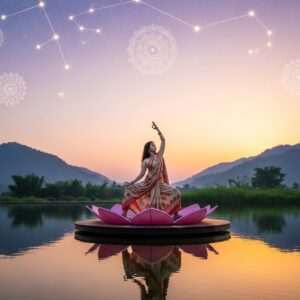 A serene landscape in Barasat at dawn, featuring an Indian woman practicing yoga on a lotus-shaped platform surrounded by calm waters reflecting the soft hues of early morning light. The sky is filled with softly glowing mandalas and constellations, subtly blending astrology with the scene. She is adorned in a flowing, pastel-colored saree with intricate patterns, and her hair flows gently in the breeze. In the background, lush greenery and gentle hills are bathed in warm, golden light. The image exudes tranquility, harmony, and spiritual awakening, merging traditional Indian aesthetics with a modern digital touch.