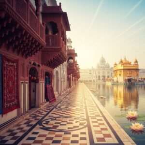 A serene and ethereal depiction of Amritsar's Heritage Street leading to the Golden Temple. The foreground features a softly glowing, intricately patterned path, lined with traditional Indian architecture in rich, deep colors of maroon and peacock blue, adorned with gold accents. In the background, the Golden Temple glimmers majestically, its reflection shimmering in the calm waters of the Amrit Sarovar. Delicate lotus flowers float on the water's surface, and a soft, warm glow bathes the scene, creating an atmosphere of tranquility and spirituality. The sky is painted in pastel hues of soft blue and pale pink, with gentle rays of light illuminating the path. The art style is hyperrealistic with a touch of surrealism, blending traditional Indian motifs with modern digital aesthetics, inviting the viewer into a world of heritage and peace.