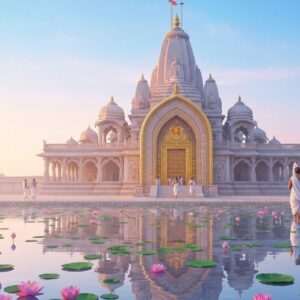 A serene, ethereal depiction of a majestic Indian temple in Sasaram, bathed in the soft glow of the early morning sun. The temple is intricately designed with traditional Indian architectural motifs, featuring ornate carvings and a grand entrance adorned with golden embellishments. In the foreground, a calm, reflective water surface mirrors the temple's beauty, surrounded by blooming lotus flowers. Indian pilgrims in traditional attire are seen reverently approaching the temple, their expressions serene and mindful. The pastel hues of dawn—soft blue, pale pink, and warm gold—cast a tranquil atmosphere, highlighting the spiritual essence of the pilgrimage. The scene captures a harmonious blend of ancient tradition and modern digital aesthetics, inviting viewers into a peaceful spiritual journey.