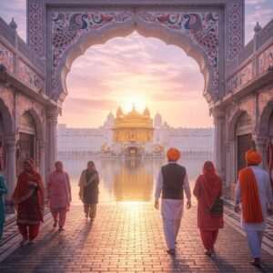 A serene, ethereal image depicting the entrance of Amritsar's Heritage Street, bathed in the soft glow of early morning light. The cobblestone path leads towards the majestic Golden Temple, its golden façade reflecting in the calm water of the sacred pool. The scene is filled with gentle pastel hues, creating an atmosphere of tranquility and spirituality. Intricate patterns reminiscent of Madhubani art adorn the archways and shop facades lining the street. Indian pilgrims in traditional attire, with serene expressions, walk towards the temple, emphasizing a sense of devotion and peace. The lighting highlights the sacredness of the temple, with a subtle halo effect around its dome. The overall composition is hyperrealistic, with a touch of surrealism to evoke a sense of wonder and reverence.