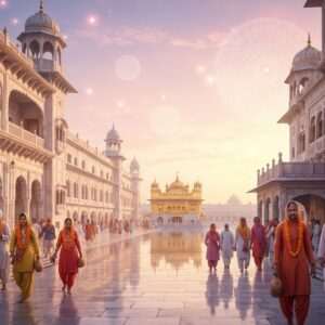 An ethereal, hyperrealistic scene of Amritsar's Heritage Street leading to the Golden Temple, bathed in the soft, warm glow of early morning light. The street is bustling with Indian pilgrims in colorful traditional attire, some adorned with marigold garlands. Traditional Punjabi architecture lines the street, showcasing intricate jharokha windows and vibrant frescoes. The scene captures the reflection of the magnificent Golden Temple, shimmering in a serene water body, surrounded by a calm and spiritual atmosphere. Soft pastel hues of dawn and glowing mandalas subtly accentuate the sky, evoking a sense of tranquility and reverence. The overall composition blends traditional Indian motifs with a modern digital aesthetic, inviting viewers into a journey of spiritual discovery and heritage.