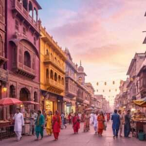 A vibrant and bustling scene of Amritsar's Heritage Street, captured at the golden hour, bathed in warm, soft light. The street is alive with activity, featuring intricately detailed traditional Indian architecture with modern enhancements. Richly colored buildings in maroon, saffron, and peacock blue line the street, adorned with ornate carvings and cultural motifs. Indian pilgrims and tourists in colorful attire stroll along, some pausing to admire the street performers and artisans showcasing their crafts. The scene is filled with the aroma of street food wafting from stalls, adding a sensory layer to the visual experience. The mood is lively yet serene, capturing a sense of historical richness and modern vibrancy. The ethereal quality is emphasized by glowing lanterns and pastel-hued skies, inviting readers to explore this cultural journey.