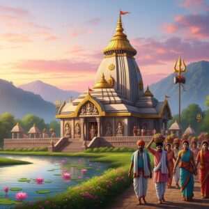 A serene depiction of the Doul Govinda Temple nestled amidst lush green hills, with a tranquil river flowing gently nearby. The temple's traditional architecture is highlighted, featuring intricate carvings and golden embellishments. In the foreground, pilgrims in colorful traditional attire are walking towards the temple, creating a sense of movement and purpose. The scene is bathed in soft, ethereal light, with pastel hues of dawn sky casting a warm glow over the landscape. Lotus flowers float on the river surface, and subtle Hindu spiritual symbols are integrated into the design. The overall atmosphere is peaceful and inviting, blending heritage with modern digital aesthetics to evoke a sense of spiritual journey and mindfulness.