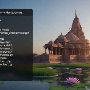 A serene depiction of Doul Govinda Temple nestled amidst lush greenery on the banks of the Brahmaputra River in Guwahati. The temple's architecture is intricately detailed, showcasing traditional Assamese design with elements like ornate carvings and domes. The scene is bathed in soft, warm light as if at dawn, with gentle rays illuminating the temple and reflecting off the calm river waters. In the foreground, a group of Indian pilgrims dressed in vibrant traditional attire (saffron, maroon, peacock blue) are seen walking towards the temple, carrying offerings. Lotus flowers are scattered across the water surface, glowing softly under the golden sunlight. The atmosphere is tranquil and spiritual, inviting viewers to embark on their pilgrimage journey. The overall art style merges traditional Assamese motifs with modern digital aesthetics, providing a harmonious blend of heritage and innovation.