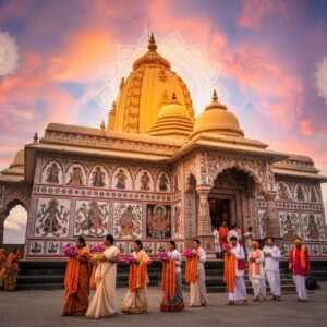 A serene, ethereal depiction of the Doul Govinda Temple in Guwahati, nestled amidst lush greenery by the banks of the Brahmaputra River. The temple is bathed in a warm, golden glow, with intricate patterns inspired by Madhubani and Pattachitra art adorning the temple walls. In the foreground, a group of Indian pilgrims dressed in traditional attire, carrying offerings of lotus flowers and marigold garlands, approach the temple with reverence. The scene features soft, pastel-colored sky with glowing mandalas subtly infused in the clouds, creating a spiritual aura. The lighting is surreal, enhancing the tranquility and sacredness of the location, inviting viewers to embark on a spiritual journey.