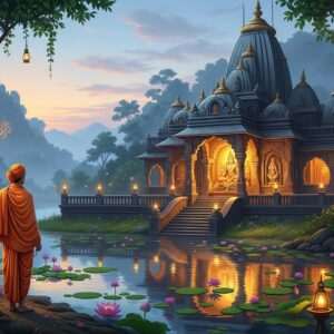 A serene, ethereal depiction of the Doul Govinda Temple in Guwahati, surrounded by lush greenery and the tranquil Brahmaputra River. In the foreground, an elegant Indian pilgrim dressed in a traditional saffron dhoti and shawl stands in contemplation, gazing towards the temple. The temple architecture is detailed with intricate carvings and vibrant colors, reflecting the rich cultural heritage. The scene is illuminated by soft, glowing lights that create a warm, inviting ambiance, with pastel hues of soft blue and pale pink in the sky. Delicate lotus flowers float on the river's surface, while the background features hills and distant spiritual symbols subtly integrated into the landscape. The art style is hyperrealistic with a surreal touch, exuding tranquility and spiritual harmony.