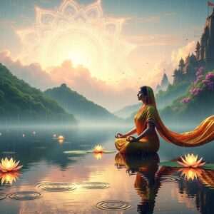 A tranquil Indian landscape during monsoon, with lush green hills shrouded in mist and gentle rain falling softly. In the foreground, a serene, ethereal depiction of an Indian woman in a flowing saffron sari, meditating by a calm, reflective water surface with glowing lotus flowers floating around her. The sky is a soft pastel palette with hints of warm gold and pale pink as the clouds part to reveal a glowing mandala made of golden light. In the background, ancient temple structures blend seamlessly with nature, surrounded by lush greenery and vibrant flowers. The overall atmosphere is one of peace, mindfulness, and spiritual awakening, capturing the essence of sacred monsoon destinations. The art style is hyperrealistic with a surreal touch, combining traditional Indian motifs with modern digital aesthetics.