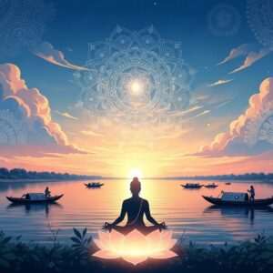 A serene Indian landscape featuring the tranquil riverside of Haldia during the golden hour. In the foreground, an Indian spiritual seeker sits in meditation on a large lotus flower, their silhouette softly illuminated by a warm, ethereal glow. The background showcases the river gently reflecting the pastel hues of the sunset—soft blues, pale pinks, and warm golds—while traditional Indian boats float peacefully. Overhead, a translucent, glowing mandala is subtly superimposed in the sky, symbolizing spirituality and harmony. The scene is surrounded by lush greenery and peacock blue skies, with delicate, intricate patterns reminiscent of Madhubani art weaving through the clouds. The overall composition exudes tranquility, inviting viewers into a state of mindfulness and peace.