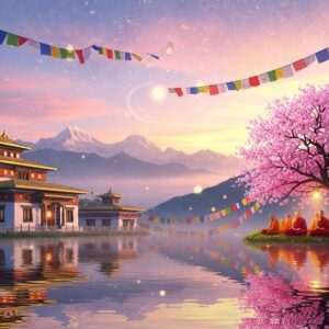 A serene, ethereal landscape of Gangtok at dawn, with a majestic view of the Himalayas in the background. In the foreground, a peaceful Buddhist monastery with prayer flags gently fluttering in the breeze, casting colorful reflections on the tranquil water surface below. Monks in traditional saffron robes are seen meditating under a blooming cherry blossom tree, with soft glowing lights and pastel hues enhancing the surreal atmosphere. The scene is adorned with intricate traditional Indian patterns subtly woven into the clouds and sky, reflecting a blend of Madhubani and modern digital aesthetics. A sense of tranquility, spirituality, and harmony envelops the scene, inviting viewers into a sacred journey through Gangtok's spiritual sites.