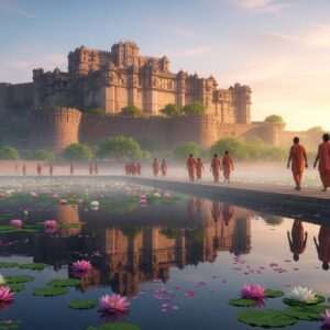 A mesmerizing view of Chittorgarh Fort bathed in the soft golden glow of dawn. The fort's majestic stone walls and towers stand tall against a serene pastel sky, where hints of saffron and pale pink blend seamlessly. In the foreground, an intricately detailed lotus pond reflects the fort, with delicate lotus flowers and floating petals adding a touch of surreal beauty. A gentle mist hovers over the scene, enhancing the ethereal and spiritual atmosphere. Indian pilgrims, dressed in traditional attire with modern touches, walk towards the fort, embodying a sense of tranquility and reverence. The scene is rich with cultural motifs, including subtle mandalas and Hindu spiritual symbols discreetly woven into the landscape, creating a harmonious blend of tradition and modern digital aesthetics.