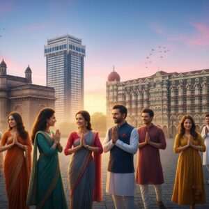 A serene and ethereal scene depicting a modern Indian cityscape at twilight, bathed in warm golden light. In the foreground, a diverse group of Indian people dressed in a harmonious blend of traditional and contemporary attire—sarees, kurtas, and modern dresses—engage in polite interactions, exchanging respectful gestures like namaste and handshakes. Intricate patterns and cultural motifs, such as subtle mandalas and lotus flowers, are woven into the architecture and clothing. The backdrop features iconic Indian landmarks gently illuminated by glowing lights, with a pastel-hued sky transitioning from soft blue to pale pink. The image conveys a sense of warmth, hospitality, and cultural richness, inviting viewers to learn about respectful visits and etiquette.
