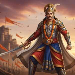 A regal Indian warrior, Bappa Rawal, stands proudly on a battlefield under a dramatic, swirling sky of maroon and saffron hues. He is adorned in intricate traditional armor with gold and peacock blue accents, holding a gleaming sword with ornate hilts. His stance is powerful, reflecting his strength and leadership. In the background, an ancient fortress looms, and banners wave gently in the warm breeze. The scene is imbued with a surreal, ethereal quality, emphasizing his legendary status. The lighting casts a warm glow, highlighting his determined expression and the details of his armor. The overall composition exudes valor, history, and cultural heritage, drawing readers into the epic saga of Bappa Rawal's life and legacy.