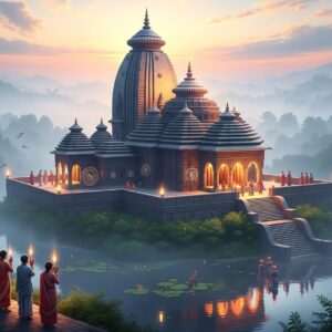 A breathtaking image of the Kamakhya Temple set atop the Nilachal Hill, enveloped in ethereal mist and soft, pastel hues of dawn—pale pinks, warm golds, and soft blues. The temple's ancient stone architecture is intricately detailed, showcasing traditional Assamese art elements with motifs of lotus flowers and mandalas subtly integrated into the design. Surrounding the temple are lush greenery and tranquil water surfaces reflecting the temple's silhouette, creating a serene atmosphere. Soft, glowing lights highlight the temple's Adhisthana, symbolizing its spiritual essence. Indian devotees clad in traditional attire, with serene expressions, are seen offering prayers, enhancing the sense of spirituality and devotion. The scene captures a mystical aura, blending heritage with modern digital aesthetics, inviting viewers into the mysteries of Kamakhya Temple.