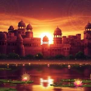 A stunningly detailed depiction of Alwar's hidden historical gems, showcasing a blend of traditional Indian architecture with a modern digital aesthetic. The image features a serene landscape of Alwar, where ancient forts and palaces rise majestically against a backdrop of a vibrant, ethereal sunset in shades of saffron and maroon. Intricate patterns inspired by Madhubani and Pattachitra art embellish the structures, reflecting their rich cultural heritage. In the foreground, a calm water surface reflects the scene, with floating lotus flowers and glowing mandalas creating a peaceful ambiance. The atmosphere is tranquil and surreal, inviting viewers to explore the beauty and history of Alwar. The art style is hyperrealistic, with deep colors and soft glowing lights, capturing the essence of both tradition and modernity.