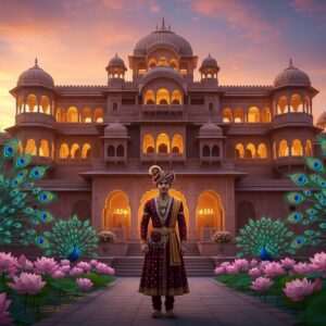 A captivating scene depicting the historical richness of Alwar State, featuring a grand palace set against the backdrop of a serene sunset sky. The architecture combines traditional Rajasthani elements with modern digital aesthetics, showcasing intricate carvings and motifs. In the foreground, an elegantly dressed Indian royal figure in traditional attire (deep maroon and gold) stands confidently, surrounded by a lush garden with stylized peacock feathers and lotus flowers. The ambiance is ethereal and surreal, with soft glowing lights illuminating the scene, evoking a sense of timelessness and grandeur. The image should be hyperrealistic with a fantasy-like quality, reminiscent of high-quality digital art, and emphasize the cultural heritage and legacy of Alwar State.