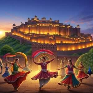 An intricate, hyperrealistic illustration depicting the majestic Alwar Fort, nestled amidst lush green hills under a serene, ethereal twilight sky. The fort is illuminated by soft golden lights, casting gentle shadows on its ancient stone walls. In the foreground, a vibrant tableau of traditional Indian dancers, adorned in richly colored attire, perform against a backdrop of historical motifs such as elephants and peacocks. The dancers are captured in mid-motion, their movements creating a dynamic flow that reflects the cultural legacy of Alwar. The scene is enhanced with subtle glowing mandalas and lotus flowers, symbolizing the spiritual essence of the region. The atmosphere is harmonious and inviting, drawing the viewer into the rich tapestry of Alwar State's cultural heritage.