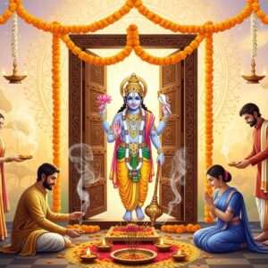 A serene and ethereal depiction of a traditional Indian Griha Pravesh ceremony. In the center, an intricately carved wooden door adorned with marigold and jasmine garlands, surrounded by softly glowing diyas and incense smoke creating an aura of tranquility. A beautifully detailed image of Lord Satyanarayan, depicted with four hands holding a lotus, conch, discus, and mace, radiating divine light. The scene is set against a backdrop of soft pastel colors like pale pink and warm gold, creating a dreamlike ambiance. Indian family members dressed in vibrant sarees and kurtas participate in the ceremony, their expressions filled with joy and reverence. Large mandalas and delicate lotus motifs subtly blend into the background, enhancing the spiritual tone. The art style should be hyperrealistic with a surreal touch, capturing the essence of auspicious beginnings with harmony and mindfulness.