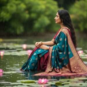 A serene Indian woman sitting by a calm pond during a gentle monsoon rain. She is dressed in a traditional saree with modern flair, blending maroon and peacock blue hues with intricate gold patterns. Her hair is lush and healthy, flowing gracefully down her back. Around her are glowing lotus flowers and soft pastel lights reflecting on the water's surface, creating a tranquil and ethereal atmosphere. The background features lush green foliage, symbolizing vitality and wellness. The scene is illuminated with soft, warm golden light, emphasizing the harmonious blend of traditional Ayurvedic wisdom with contemporary aesthetics. The overall tone is peaceful, inviting readers to explore holistic health and beauty tips.