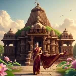An ethereal depiction of Bandel's heritage featuring a majestic ancient temple, intricately carved with traditional Indian patterns and motifs, surrounded by lush greenery. In the foreground, an elegant Indian woman in a vibrant maroon saree with gold accents, adorned with traditional jewelry, is gracefully walking towards the temple. Her serene expression reflects a deep connection to the cultural and spiritual essence of Bandel. Above her, soft pastel-colored clouds gently drift across the sky, illuminated by a warm, golden glow. Stylized lotus flowers bloom around her, creating a harmonious balance between nature and spirituality. The art style combines hyperrealism with elements of fantasy, providing a modern digital aesthetic that captures the timeless beauty and rich heritage of Bandel.