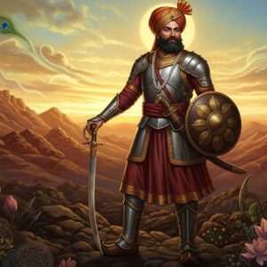 An imposing scene of Bappa Rawal, the legendary Rajput warrior, depicted in a hyperrealistic style. He stands tall and regal on a battleground, donning traditional Rajput armor with intricate designs, his hand resting confidently on the hilt of a gleaming sword. His armor shines under the golden sun, casting a warm, ethereal glow. The background features the majestic Aravalli hills, painted in deep maroon and saffron hues, with a surreal touch of swirling clouds. The sky is a tapestry of peacock blue and soft gold, creating a serene and spiritual atmosphere. In the foreground, traditional Indian motifs like lotus flowers and mandalas subtly merge with the landscape, symbolizing his enduring legacy. The overall scene exudes strength, valor, and a deep cultural heritage, capturing the essence of his legend.