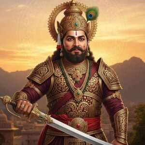 A regal Indian warrior, Bappa Rawal, stands proudly in ornate armor with intricate patterns inspired by Pattachitra art. His armor glistens in rich shades of gold and maroon under the soft glow of an ethereal sunset. He holds a mighty sword, with a peacock emblem on the hilt, in his right hand, symbolizing his royal heritage. Behind him, the majestic Aravalli Mountains loom, bathed in hues of deep saffron and peacock blue. A golden mandala subtly illuminates the background, symbolizing his divine lineage. The scene captures a sense of power and legacy, with subtle hints of modern digital aesthetics and a serene, yet powerful atmosphere. The composition is hyperrealistic, with a touch of fantasy, reflecting the essence of his legendary rise and enduring legacy.