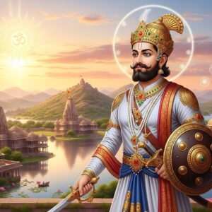 A majestic scene depicting the legendary Bappa Rawal, the founder of the Mewar dynasty, standing proudly in traditional royal attire with intricate designs, reflecting the grandeur of Indian royalty. He is portrayed with a serene and wise expression, holding a sword and shield, symbolizing his prowess and leadership. The backdrop features the vast and diverse landscape of the Mewar region, with its rolling hills, serene lakes, and ancient temples, enveloped in a mystical, ethereal atmosphere with soft golden and pastel hues. The sky is adorned with a radiant mandala sun, casting a warm glow over the scene. Lotus flowers and spiritual symbols subtly integrated into the environment highlight Mewar's rich spiritual heritage. The art style is hyperrealistic with modern digital aesthetics, ensuring an engaging and visually captivating representation.