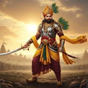 A regal Indian warrior, Bappa Rawal, stands proudly in a stylized ancient battlefield scene. He wears an intricately designed armor reflecting the traditional Rajput style, with elements like peacock feathers and gold embellishments, while holding a majestic sword. The backdrop features a blend of a sunlit golden sky with ethereal clouds and faint outlines of ancient forts and temples, conveying the era he belonged to. Rich colors of maroon and saffron dominate the attire, with highlights of peacock blue in the accessories. The scene is serene yet powerful, evoking a sense of valor and history, with intricate patterns reminiscent of Madhubani art subtly woven into the landscape. The image possesses a photo-realistic quality with a modern digital aesthetic, creating an atmosphere that is both historical and captivating.
