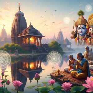 A serene, ethereal depiction of the Barasat Temples with a focus on the Loknath, Ram, and Jagannath deities. The scene captures the tranquil ambiance of the sacred site at dawn, with a soft pastel color palette of pale pink, warm gold, and soft blue. In the foreground, intricate lotus flowers bloom, while ethereal, glowing mandalas float gently in the air. The Loknath Temple is adorned with traditional Indian architectural details, surrounded by lush greenery and calm water reflecting the temple's silhouette. A subtle glow emanates from the temple interiors, suggesting divine presence. The image features Indian devotees in traditional attire, offering prayers and immersed in spiritual tranquility. The art style is hyperrealistic with a touch of surrealism, capturing the serene and sacred essence of the place.