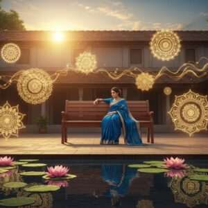 A serene and ethereal scene depicting a traditional Bengali courtyard bathed in the warm glow of the setting sun. In the foreground, an elegant Indian woman in a modern fusion of traditional Bengali attire—a flowing saree in rich peacock blue with gold accents—sits gracefully on a wooden bench. She is surrounded by an array of intricate, glowing mandalas that hover gently around her, symbolizing knowledge and enlightenment. A tranquil pond reflects the soft pastel hues of the sky, and stylized lotus flowers float on its surface. The scene is infused with a touch of modern digital aesthetics, blending deep cultural motifs with contemporary design elements, evoking a sense of discovery and fluency. The overall tone is inviting and peaceful, designed to captivate and inspire readers to delve into the world of the Bengali alphabet.