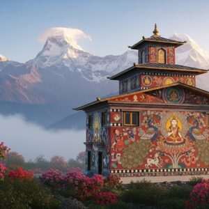 A serene and ethereal landscape depicting the mystical beauty of Pelling and Lachung, bathed in a soft, warm golden glow. In the foreground, an intricately designed, digital rendition of a traditional Indian monastery, featuring elements of Madhubani and Pattachitra art styles, stands gracefully amidst lush greenery. The monastery is adorned with vibrant patterns and spiritual symbols, while a gentle mist rolls over the tranquil scene. In the background, majestic snow-capped mountains rise under a pastel sky of soft blues and pale pinks. Lotus flowers float on a calm water surface nearby, reflecting the serene atmosphere. Indian travelers in traditional attire are seen in reverent contemplation, adding a sense of spirituality and mindfulness to the scene. The overall composition is hyperrealistic with a touch of surrealism, capturing both the heritage and modern allure of these sacred day trips.