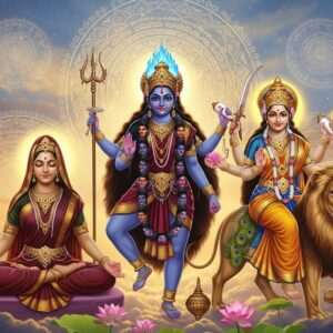 A serene and ethereal depiction of the divine feminine triad: Bhairavi, Kali, and Durga. Bhairavi, with deep maroon and gold attire, meditates with closed eyes, embodying wisdom and calm. Kali stands fierce, adorned in midnight blue with traditional ornaments, wielding a trident in her upper right hand and a sword in her upper left hand, surrounded by a halo of blue flames. Durga is regal in saffron and peacock blue, riding a majestic lion, holding a lotus in her lower right hand and a conch shell in her upper left hand. The background is a surreal blend of glowing mandalas and soft, pastel-colored clouds, accentuated by warm golden light and delicate lotus flowers. The image radiates spiritual strength, unity, and divine connection, inviting viewers to delve deeper into their symbolism.