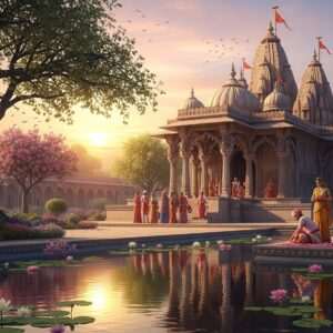 A serene and ethereal depiction of Bharatpur, Rajasthan, showcasing a picturesque temple nestled amidst lush greenery. The temple's architecture is intricately detailed, featuring traditional Rajasthani elements like carved pillars and ornate domes. In the foreground, a tranquil water body reflects the golden hues of a setting sun, surrounded by floating lotus flowers. The sky is a soft pastel gradient with subtle pink and gold tones, evoking a sense of peace and spirituality. Indian men and women, dressed in vibrant traditional attire, are seen engaging in prayer and offering flowers at the temple's entrance. The scene is illuminated by gentle, glowing lights, highlighting the cultural richness and spiritual essence of Bharatpur. The overall art style is hyperrealistic yet surreal, with a focus on tranquility and cultural heritage.